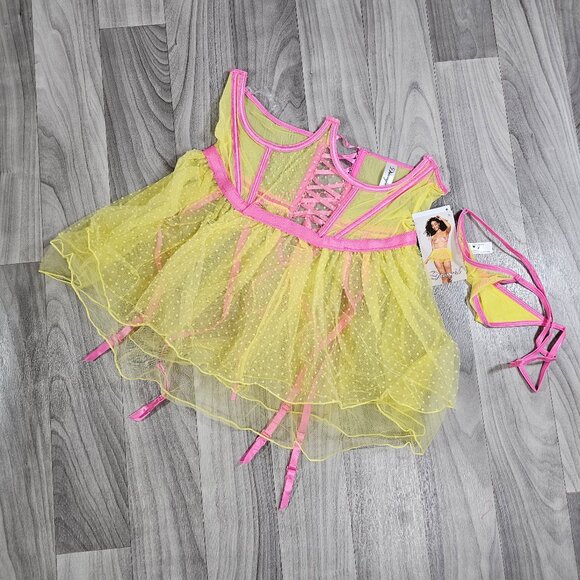 Dreamgirl Yellow Pink Sheer Open Cup Lingerie Dress with Thong & Garters, Size L - Picture 1 of 9